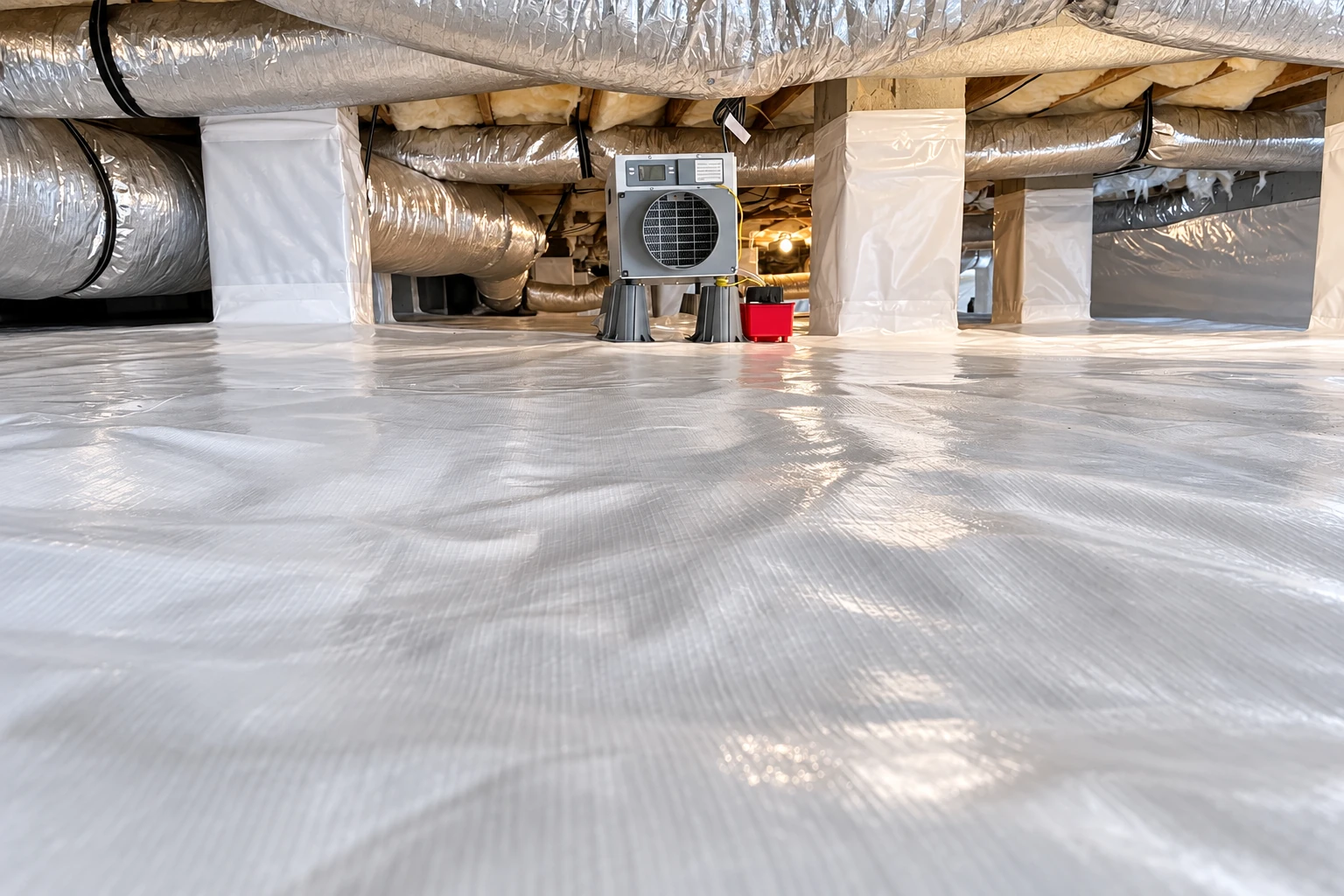 Crawl space with a light-colored sealed floor, silver ducts, insulated supports, and a small ventilation unit.