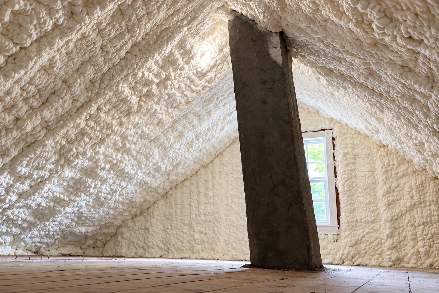 Attic rafters and walls are coated in thick white spray foam around a dark support beam and small window.