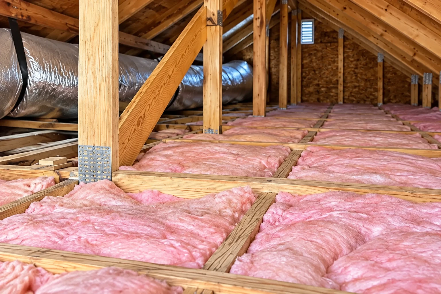 Pink batt insulation fills attic floor joists beneath exposed wooden roof framing and ductwork.