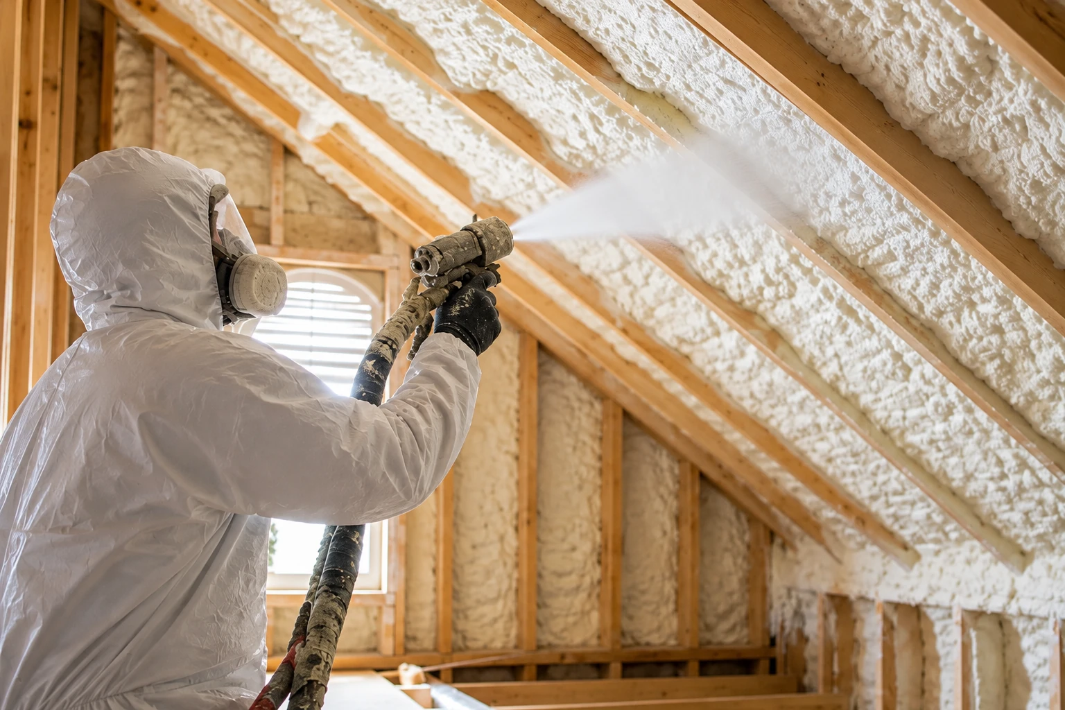 A worker in protective gear sprays foam insulation between exposed attic rafters.