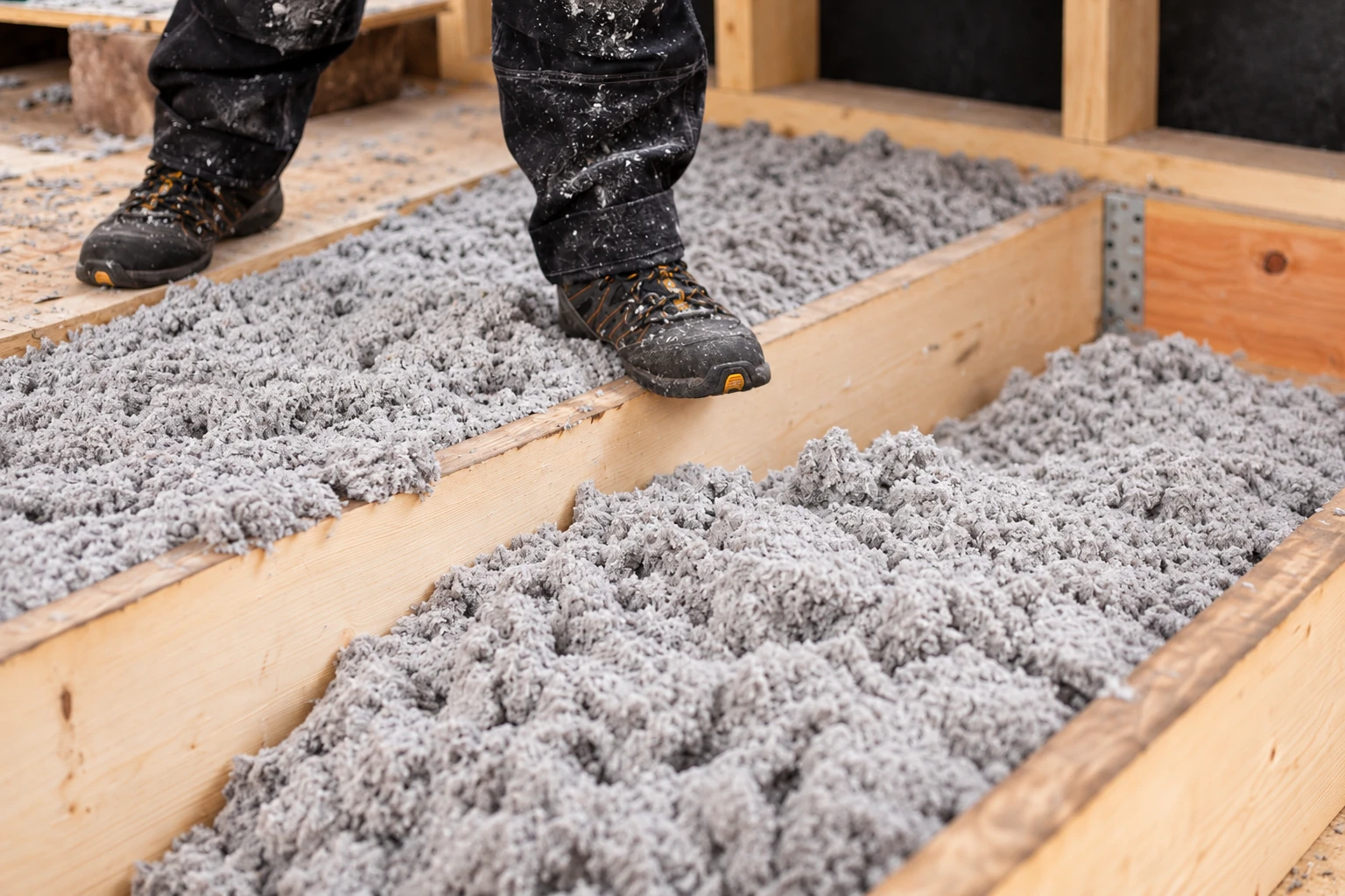 A worker’s boots stand among thick gray blown-in insulation between wooden attic joists.