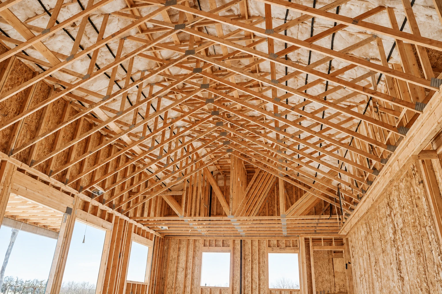 White insulation is visible between the exposed wooden roof trusses in an unfinished attic.