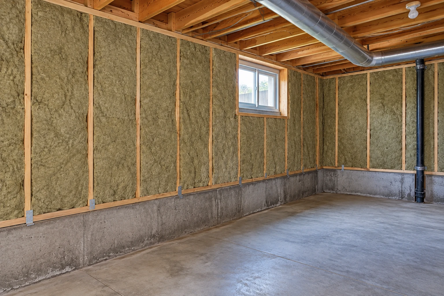 Unfinished basement with mineral wool insulation between wall studs, a concrete floor, a small window, and exposed ductwork.