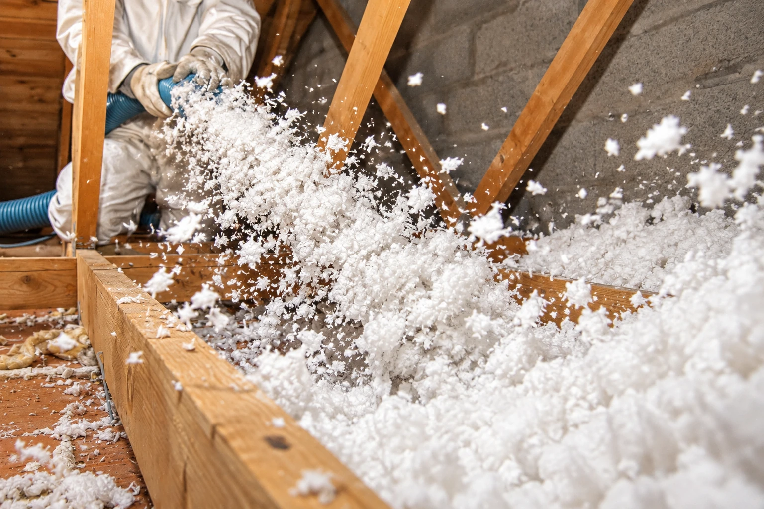 A worker sprays loose white insulation from a hose into an attic framed with wooden rafters.