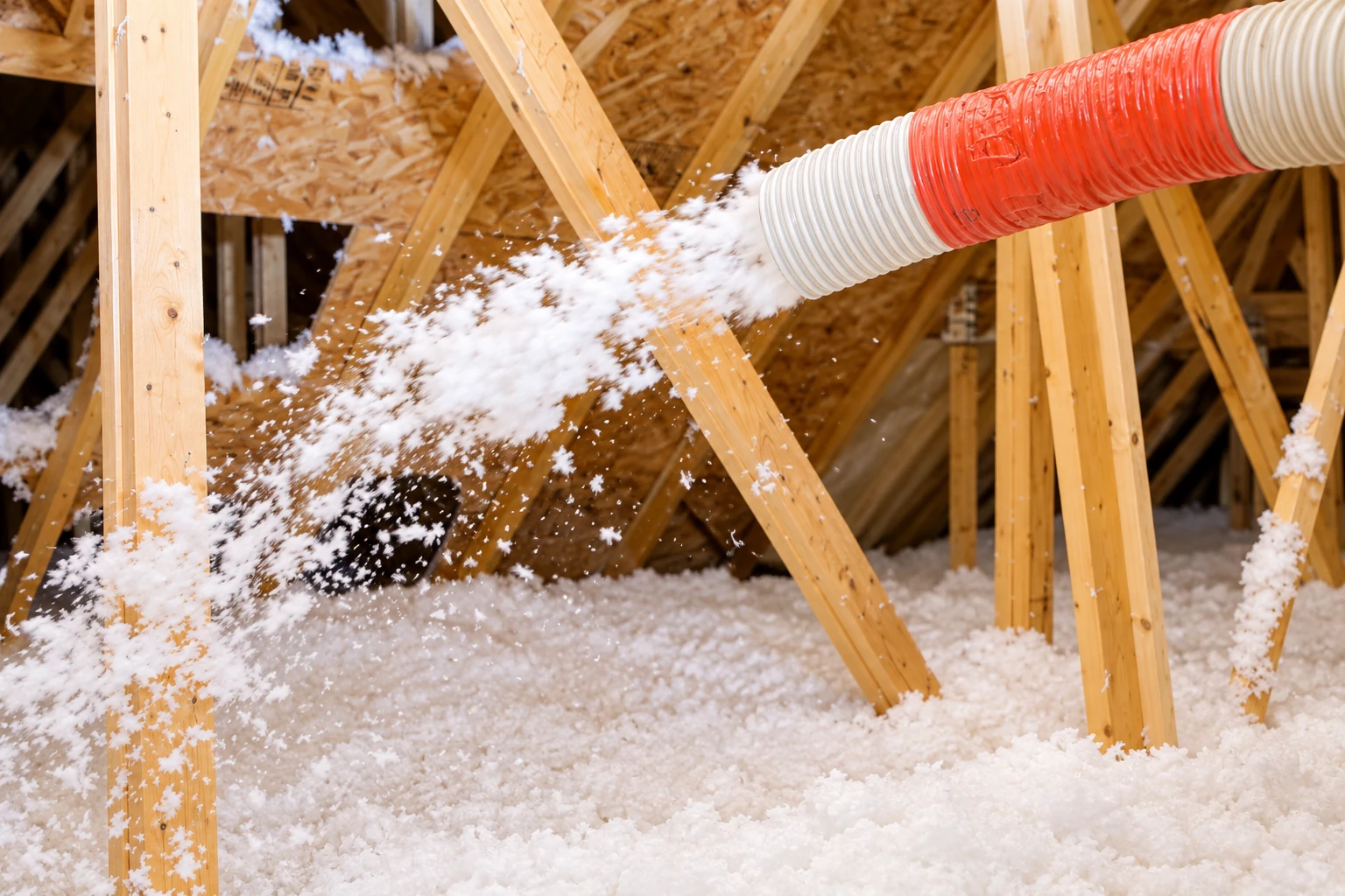 A hose blows loose white insulation into an attic, where it collects beneath exposed wooden roof trusses.