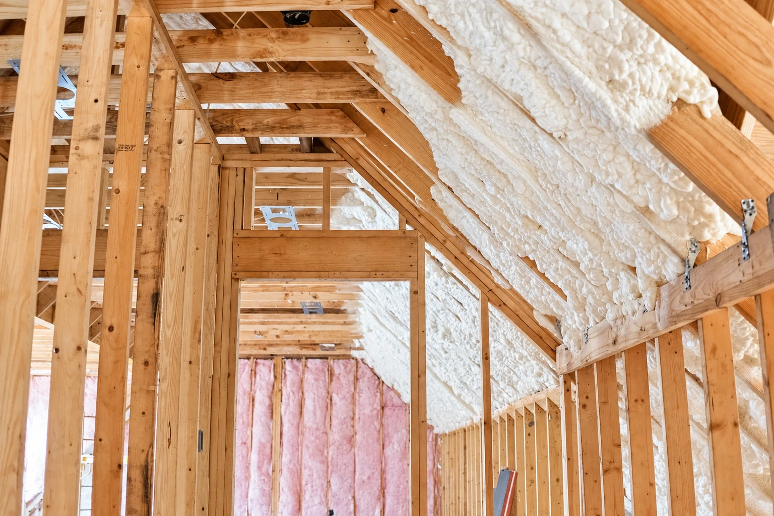 New framing shows thick white spray foam on the sloped roof and pink batt insulation in the walls.
