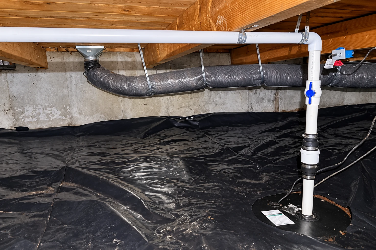 Crawl space with a black floor vapor barrier, exposed joists, flexible ductwork, and a white pipe with a blue valve.