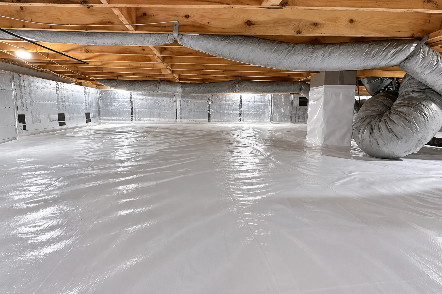 A crawl space has a white plastic vapor barrier covering the floor and lower walls beneath exposed joists and ductwork.