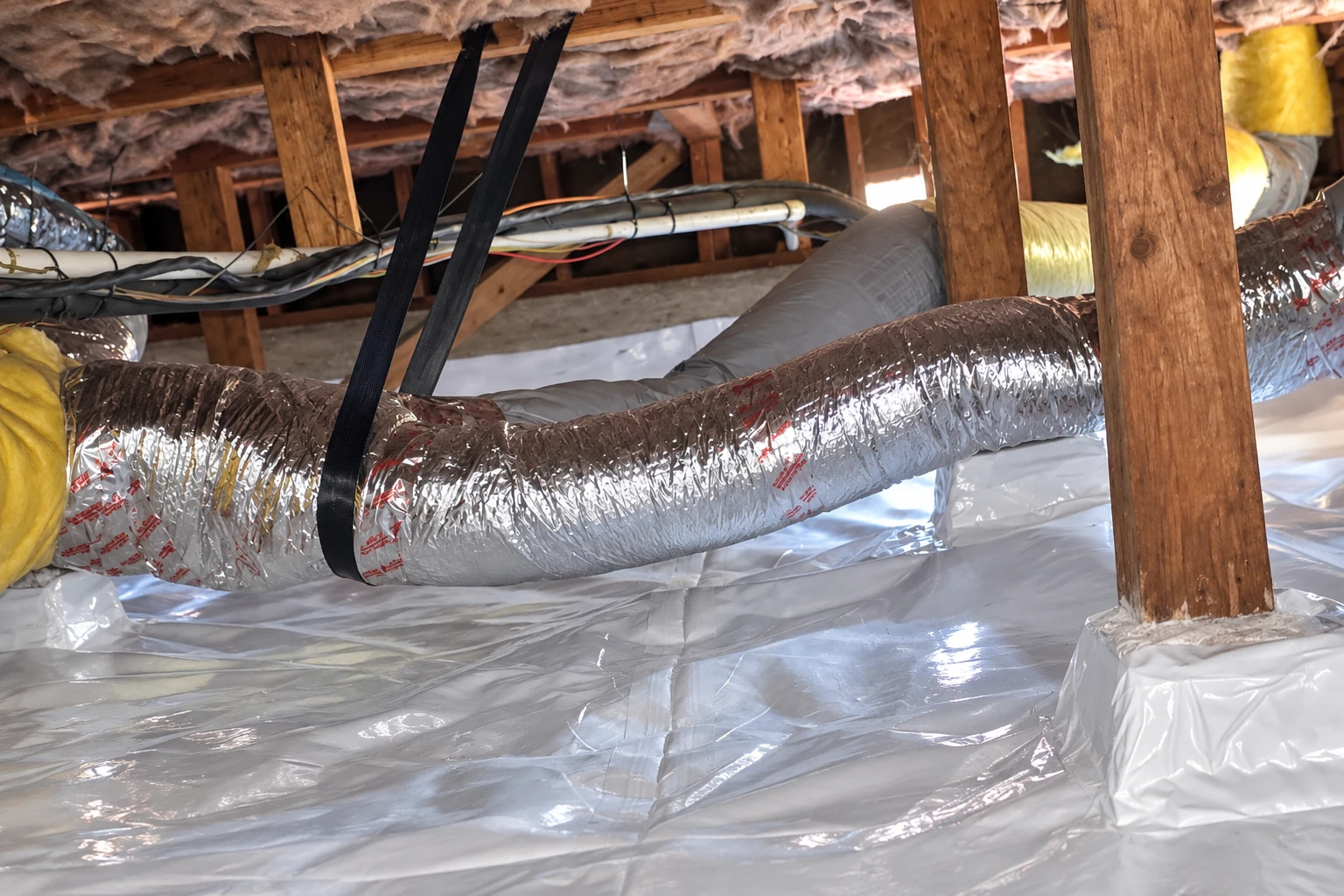 Plastic sheeting covers a crawl space floor beneath wooden joists and ducts, with insulation overhead.