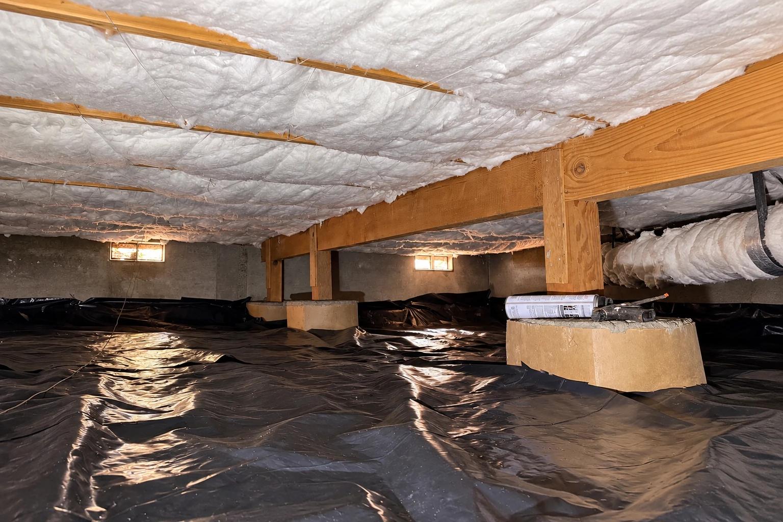 A crawl space has a black plastic vapor barrier across the floor and white insulation covering the underside of the floor joists.