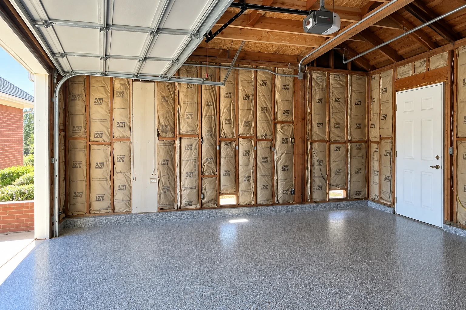 Paper-faced insulation fills the exposed wall studs of a garage with an open overhead door.