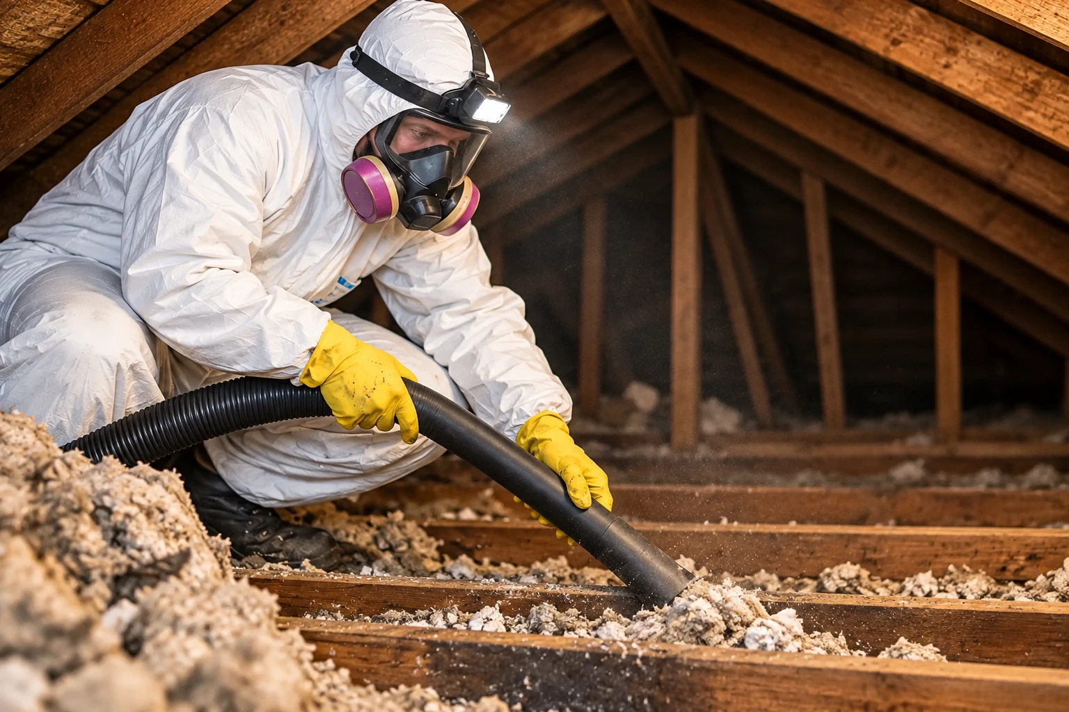A worker in protective coveralls and a respirator vacuums loose attic insulation with a black hose.