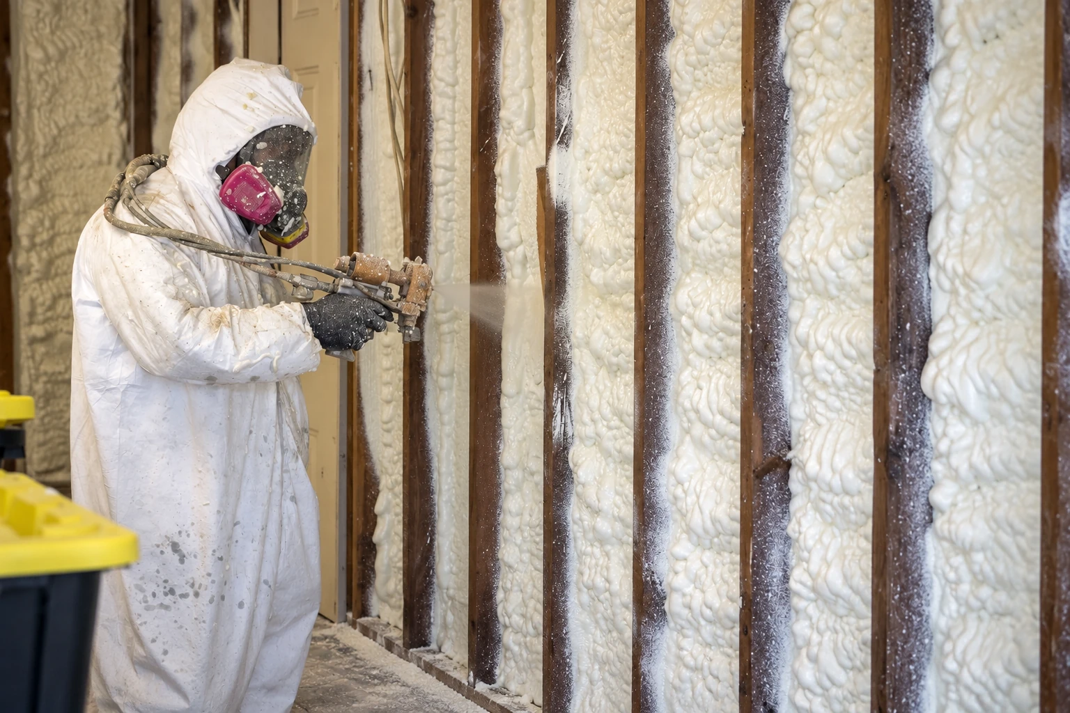A worker in protective coveralls and a respirator sprays white foam insulation between exposed wall studs.