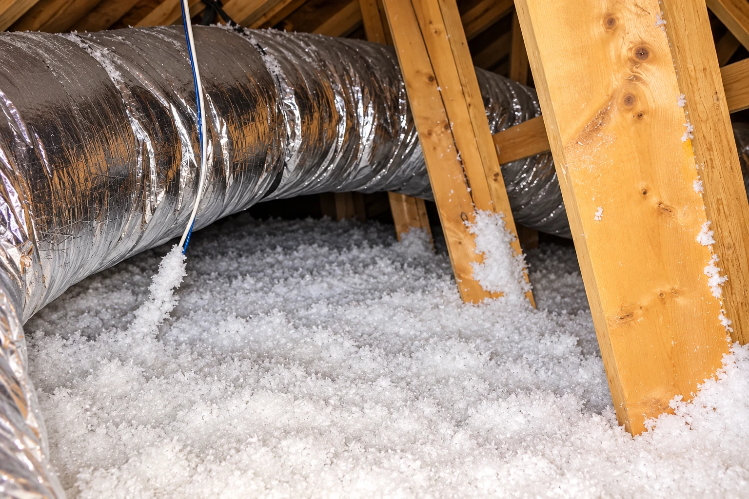 Loose-fill insulation covers an attic floor beneath a large flexible silver duct and exposed wooden rafters.