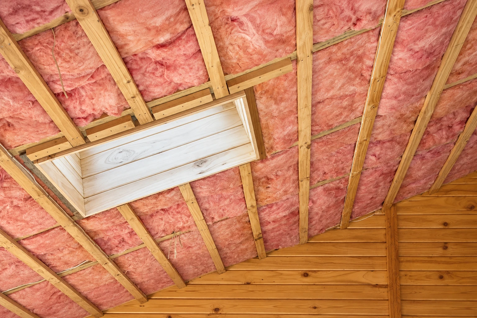 Pink fiberglass insulation fills attic roof bays around a rectangular ceiling hatch and exposed wooden rafters.