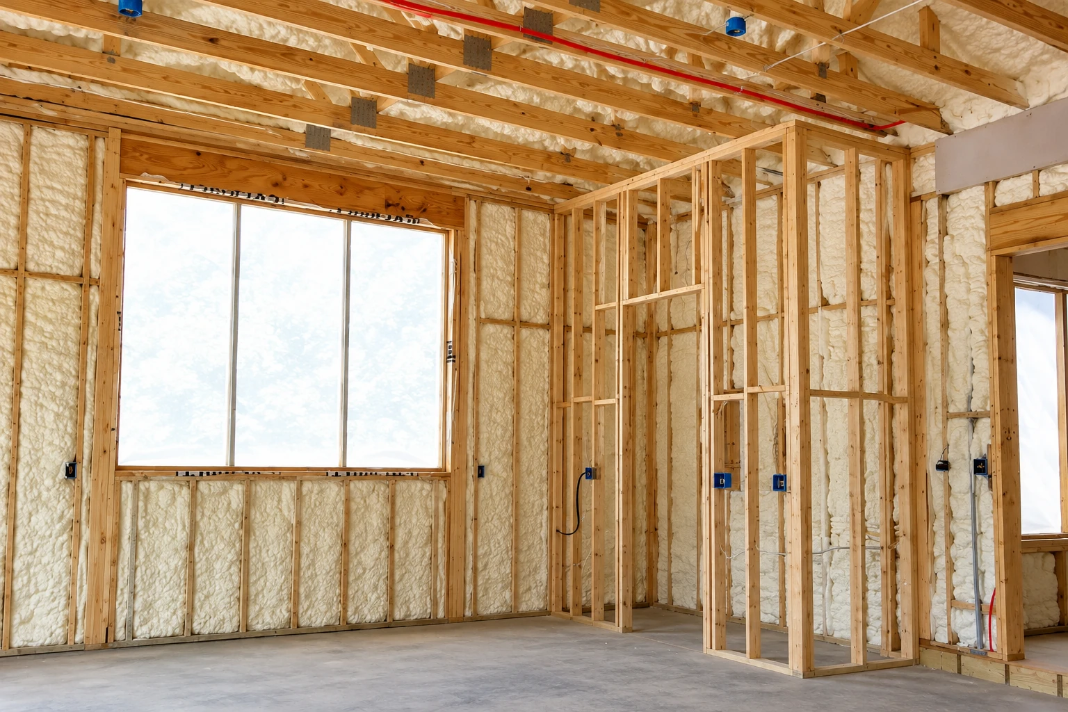 Spray foam fills the wall cavities and ceiling of an unfinished room framed with exposed wooden studs and beams.