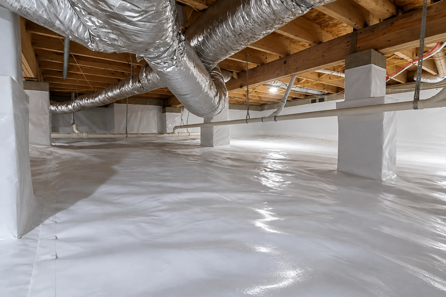 A crawl space vapor barrier covers the floor and foundation piers beneath exposed joists and silver ductwork.